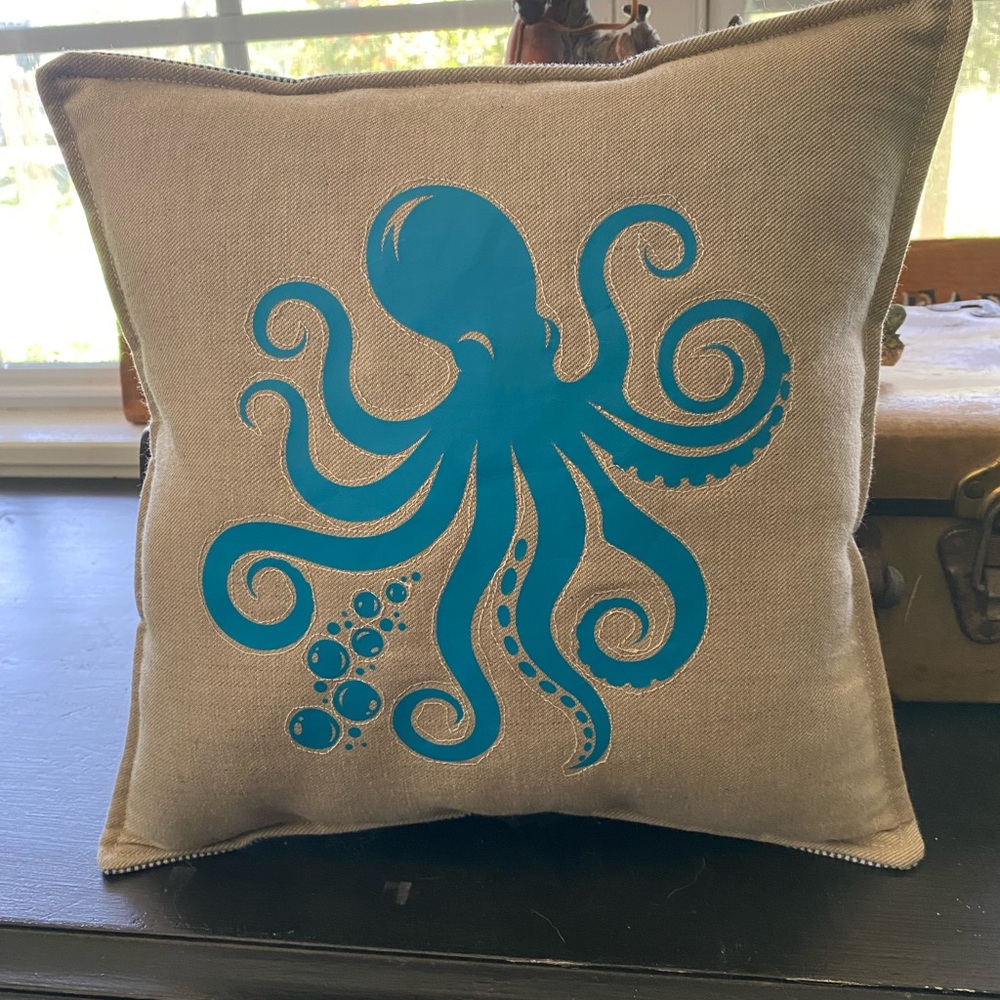 Beige Linen Blend Pillow with Blue Octopus Design 13x13 Brand New